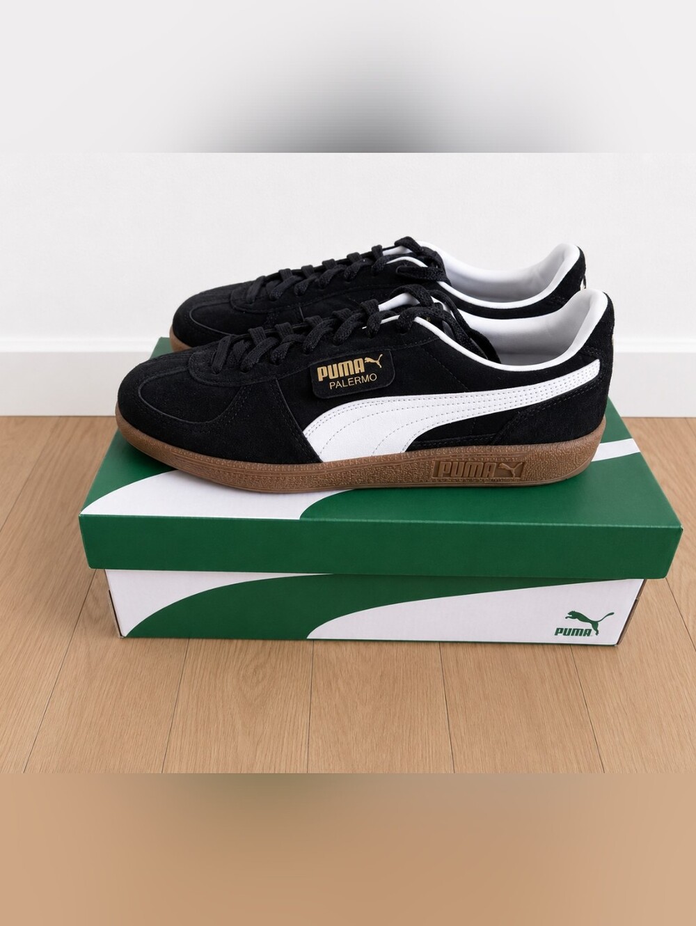 Puma Palermo Black Suede Sneakers with White Formstripe and Gum Sole